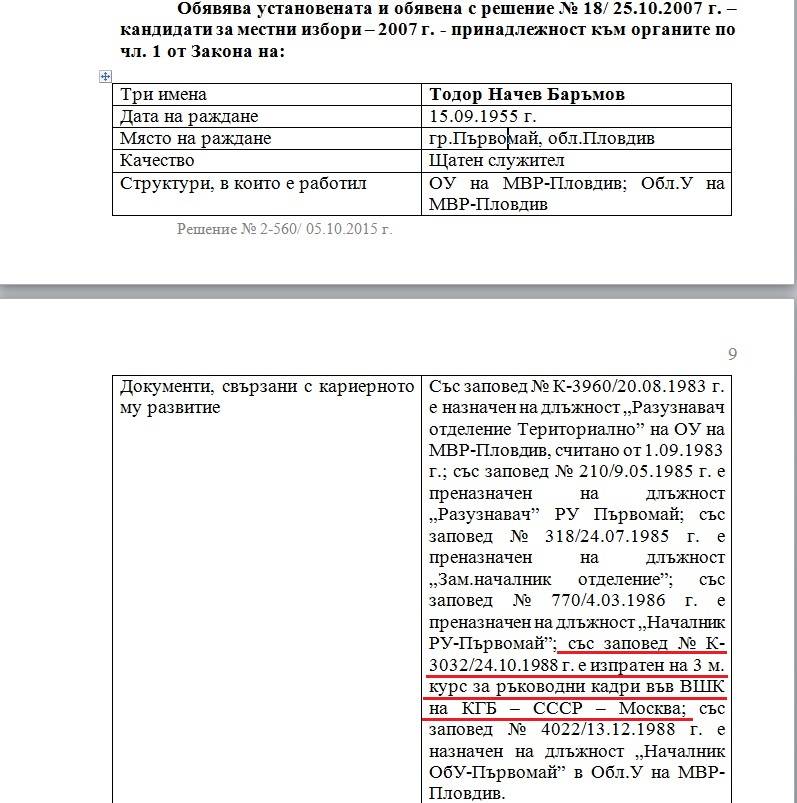 Решението на Комисията по досиетата за щатния от ДС Тодор Баръмов